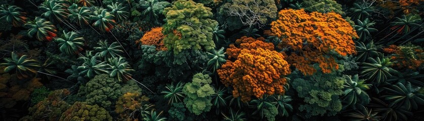 A stunning aerial view of a dense rainforest showcasing vibrant green and orange tree foliage, providing a breathtaking natural landscape scene.