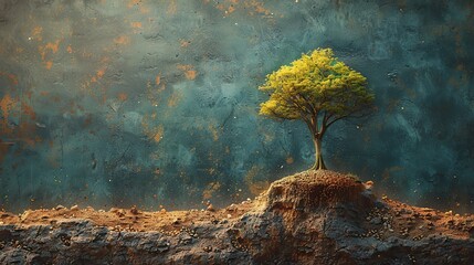 A painting of a tree growing beside a rising arrow, symbolizing natural growth and expansion. photo