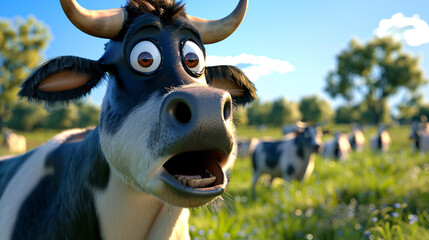 a cartoon cow in a field