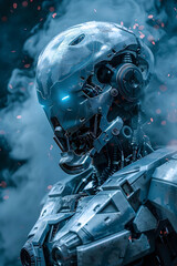 Powerful Cybernetic Alien Warrior in Ominous Glow Wielding Advanced Weaponry Systems