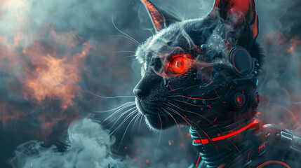 Powerful Cyborg Feline Warrior Poised for Battle in Dramatic Moody Atmosphere