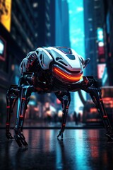 A robotic creature with spider-like legs stands in a futuristic city. AI.