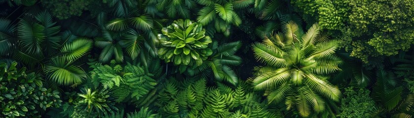 Lush green foliage in a tropical forest captures the beauty and diversity of nature's greenery and serves as an ideal backdrop or wallpaper.
