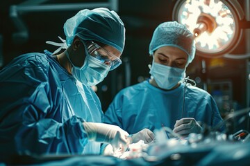 Surgeons perform an operation in a hospital operating room. AI.