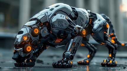 Fototapeta premium Powerful Robotic Canine Warrior with Bionic Enhancements and Plasma Cannon in Dystopian Cityscape Environment