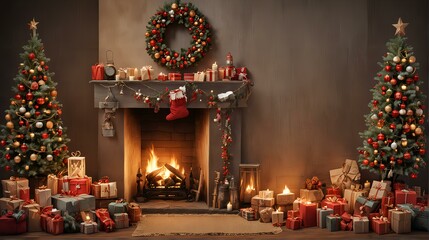 Fireplace with Christmas tree and gifts