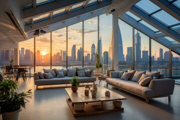 Modern living room interior with floor-to-ceiling windows overlooking a vibrant cityscape at sunset. AI.