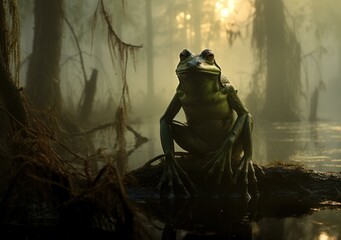 Fototapeta premium A green frog sits on a branch in a misty swamp. AI.