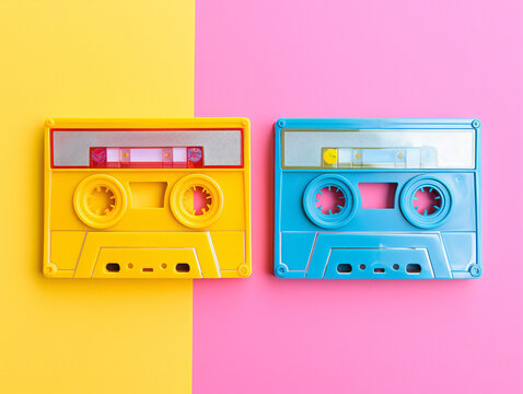 a blue and yellow cassette tapes