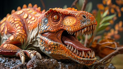 Fototapeta premium A closeup of a detailed dinosaur cake with scales, claws, and a roaring TRex head, rich colors, intricate design, HyperRealism, 3D Render