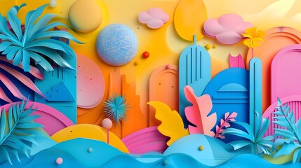 Vibrant Whimsical Collage of Playful Illustrated Shapes in Cinematic 3D Rendering