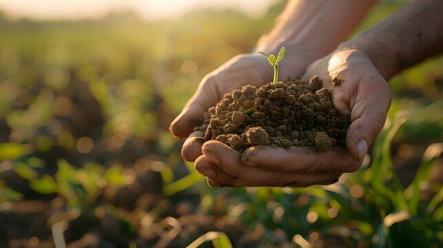 Nurturing Growth: Hands Holding Fertile Soil with Sprouting Plant in Warm Sunlight