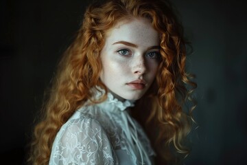Pensive young woman with curly red hair