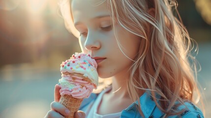 Image of a lonely young girl eating a deliciously decorated ice cream.