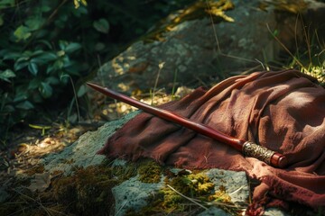 Obraz premium Mystical forest dagger on moss-covered rock