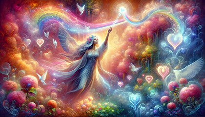 Enchanting Goddess Raising a Magic Wand Amidst a Rainbow Wave in a Blossoming Garden, Love Patterns Adorning the Mystical Ambiance