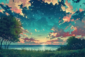 Nature Anime illustration landscape background 