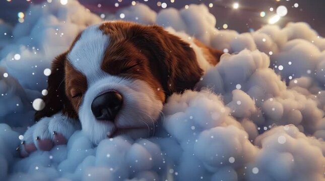 Adorable dog peacefully sleeping on a fluffy cloud, dreaming amidst the sky.
 Seamless looping 4k time-lapse virtual video animation background. Generated AI