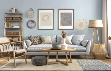 A Scandinavian style living room with blue walls. Created with Ai
