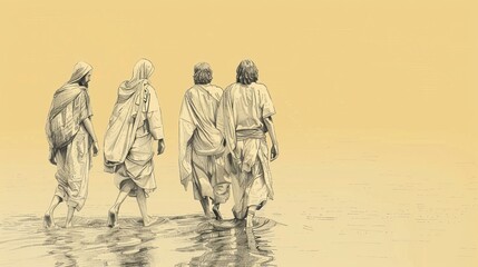 Obraz premium Jesus Walking on the Water to Meet His Disciples, Biblical Illustration of Miracle and Faith, Ideal for Religious article