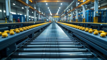 Industrial Innovation A manufacturing facility with advanced conveyor systems, showcasing efficiency in modern industrial processes. Realistic Photo,