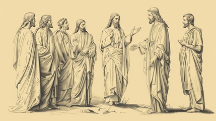 Fototapeta premium Jesus' Resurrection and Appearances to His Disciples, Biblical Illustration of Triumph and Faith, Ideal for Religious article