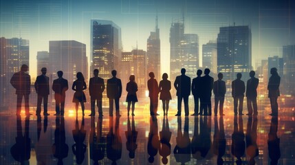 United Diversity: Double Exposure Silhouettes of Diverse Business People Embracing Collaboration in Urban Landscape Background