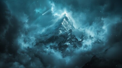 Naklejka premium Majestic Mountain Peak Emerging Through Dramatic Clouds with Glowing Aurora Borealis Above.