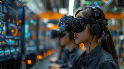 Obraz premium Industrial Innovation A research team using virtual reality for design simulations, illustrating the use of VR in industrial prototyping. Realistic Photo,