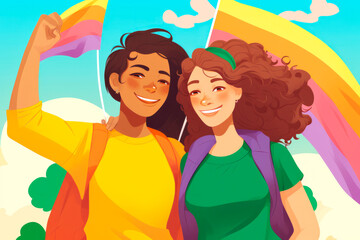 Illustration happy young lesbian women showing support for the LGBT community. LGBT Pride Month.