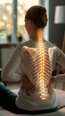 Woman with Highlighted Spine Illustration and Back Pain in Modern Cozy Living Room