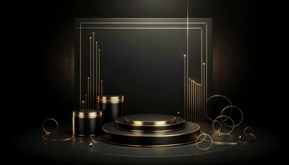 A black and gold sculpture of a pedestal with a gold rim. Minimal black scene with golden lines, featuring a cylindrical gold and black podium on a black background.