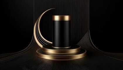 A black and gold sculpture of a pedestal with a gold rim. Minimal black scene with golden lines, featuring a cylindrical gold and black podium on a black background.