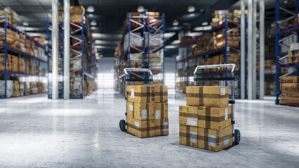 Transport trollies with   boxes inside a large warehouse (detail)  - 3D Visualization