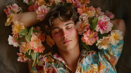 Sleeping Man with a bouquet of pink flower, embodying beauty, happiness, and youth in a summer portrait