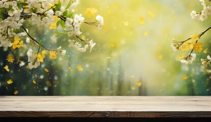 Empty table on summer blurred background. Mockup for presentation, product branding, cosmetics, food or decoration.