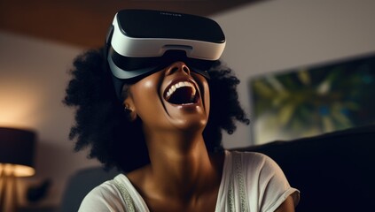 Excite black woman testing virtual reality device in digital world. College student girl hold controllers play shooter vr video game futuristic immersive simulator virtual reality 3D 360 cyber game