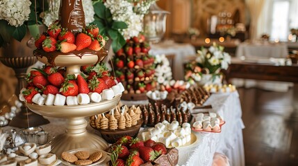 Elegant Chocolate Fountain Display with Dipped Strawberries and Assorted Sweets