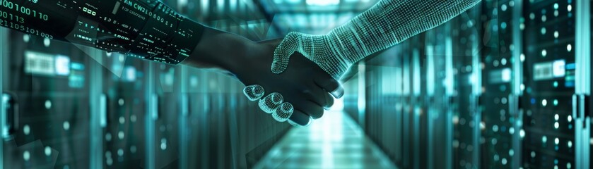 Handshake between human and robotic hands in a futuristic data center, symbolizing AI collaboration and technological advancement.