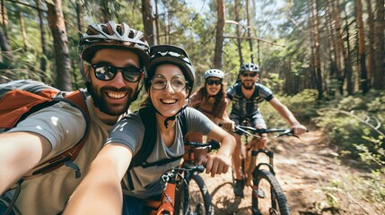 Group of Happy Friends on a Mountain Bike Adventure in the Forest