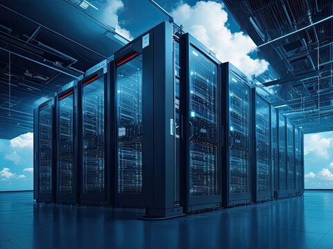 A close-up view of code using cloud service APIs on a laptop screen, with a modern data center, DevOps, and cloud technologies in the background blurry.