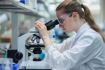Waist up photo of young female Caucasian scientist conducting research using microscope in laboratory.