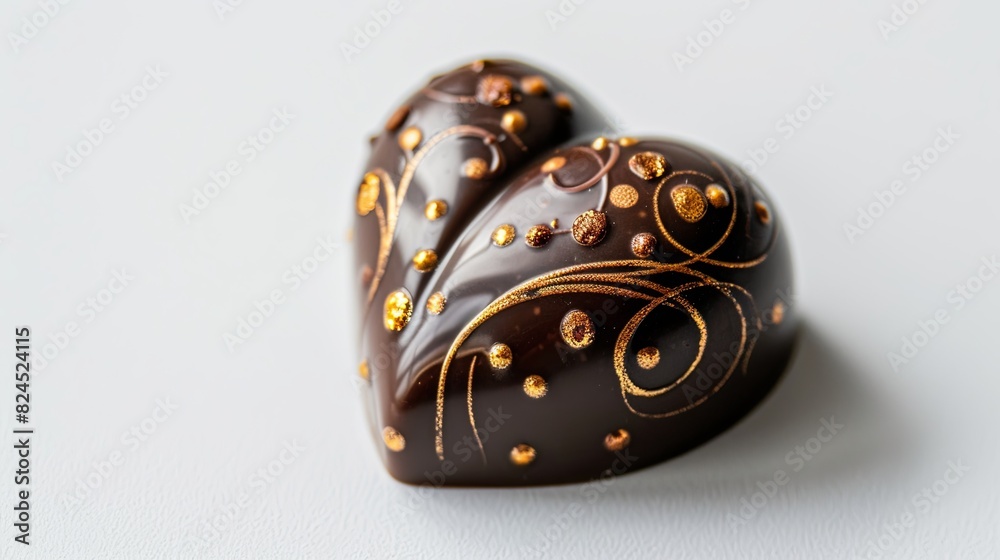 Aufkleber a heart-shaped chocolate adorned with luxurious gold sprinkles on a sleek white background. generati