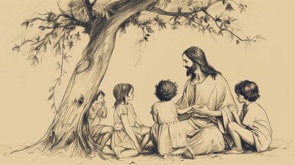 Obraz premium Jesus Blessing a Group of Children, Representing Innocence and Love, Biblical Illustration of Divine Affection