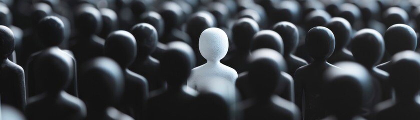 Fototapeta premium Conceptual image of a white figure standing out among black figures symbolizing individuality, uniqueness, and leadership.