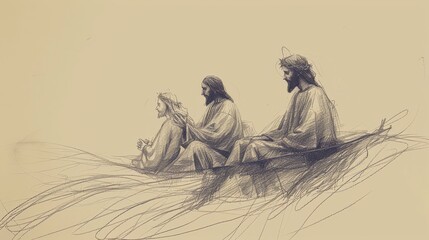Obraz premium Jesus' Miracles of Calming the Storm, Biblical Illustration of Power and Peace, Ideal for Inspirational and Devotional Use