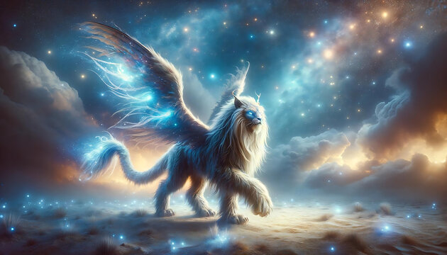 Enchanted Manticore: A surreal, full-body depiction of a rare, enchanted manticore with fur and wings that glisten with a magical aura.