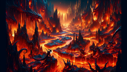 Infernal Abyss A surreal image of hell with a rugged and flaming landscape. A river of molten lava flows through it. Demonic creatures with distorted forms roamed around.