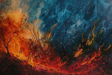 Surrealistic Illustration of Anger: Chaotic and Fiery Landscape Evoking Intense and Unsettling Emotions.