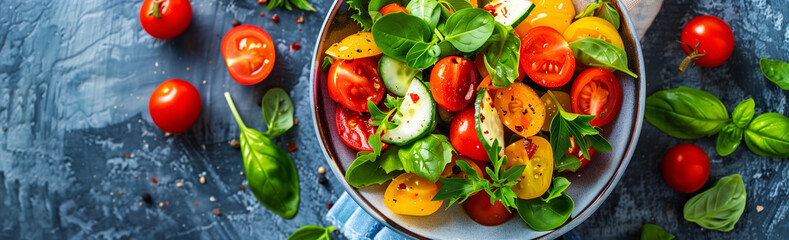 Fresh Vegetable Salad on a Rustic Background. A vibrant and fresh vegetable salad featuring a mix of cherry tomatoes, cucumber slices, and fresh basil leaves, all beautifully arranged in a bowl on a r - Powered by Adobe